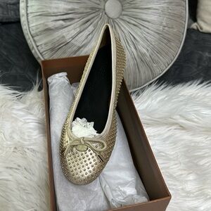 Coach Lara Studded Bow Ballet Flats Womens Leather Shoes Metallic Gold